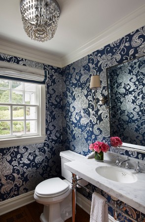 Metallic wallpaper adds luxurious touch to this bathroom 
