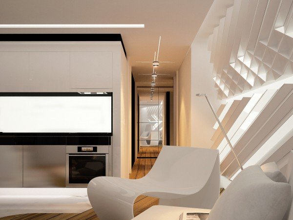 A white living room with a futuristically designed chair.