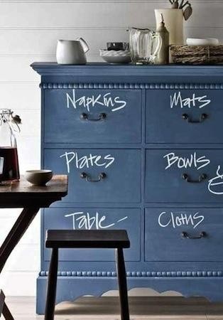 A blue dresser transformed with chalkboard labels using paint.