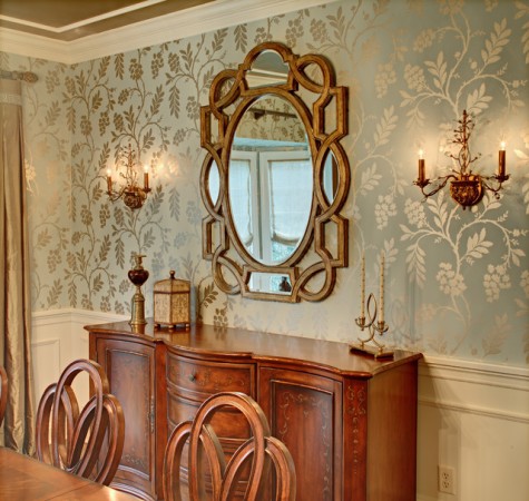 Beautiful metallic wallpaper enhances this dining room 