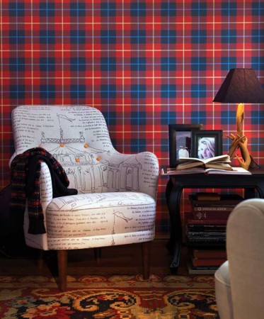 Traditional tartan plaid walls give this space sophistication