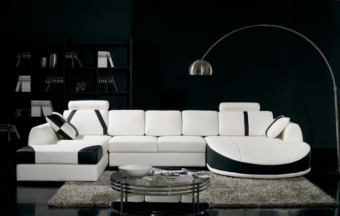 A white and black sectional sofa.