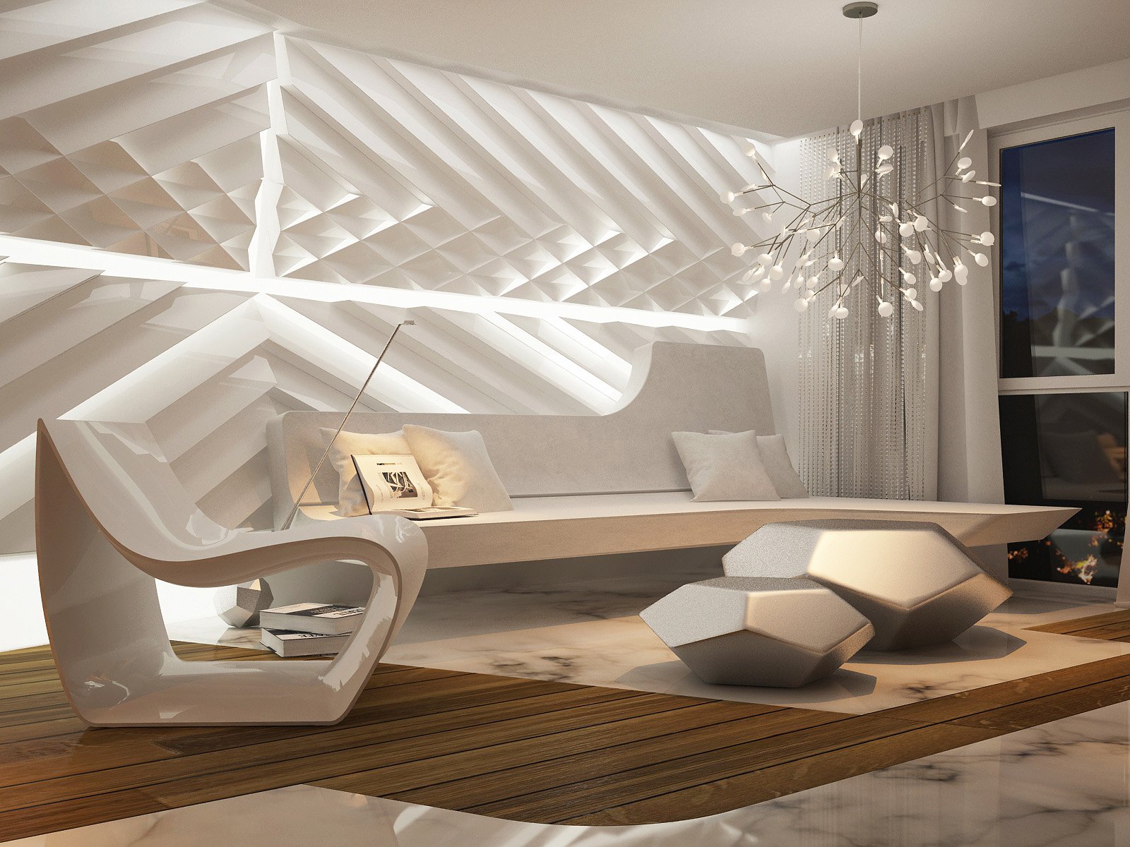A white living room showcasing futuristic interior design.