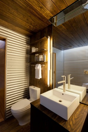 A bathroom with a wooden ceiling and wooden walls featuring corrugated metal.
