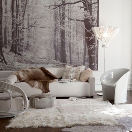 Beautiful wintry interior with warm fur throw and fluffy rug