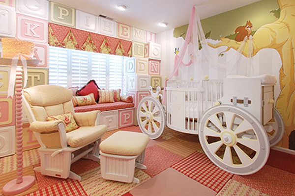 A whimsical girl's room with a carriage bed and chairs.