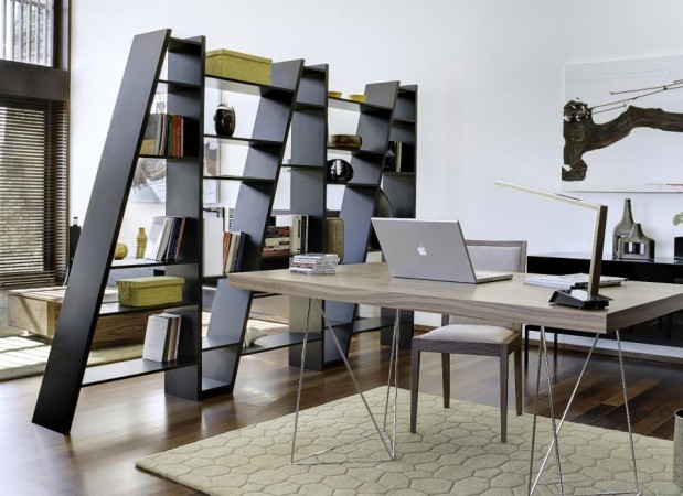 A modern home office with unique room partitions and functional style.