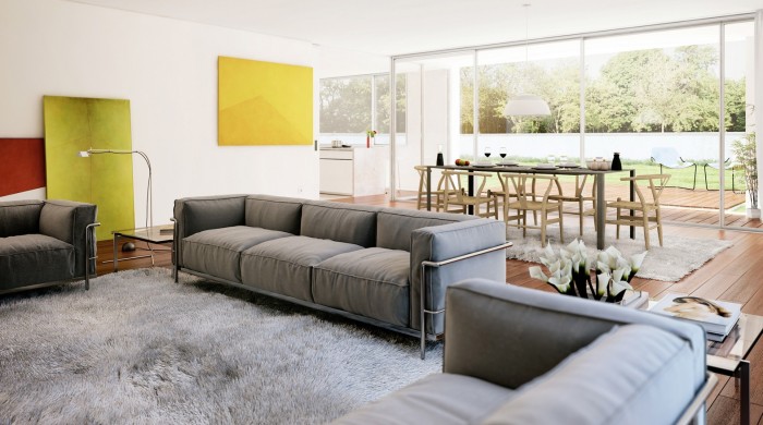 This modern space gets soft with a fluffy rug