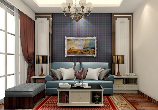 3D rendering of a cozy living room with plaid accents.
