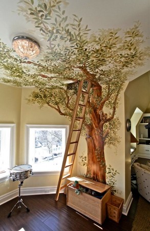 A kids room with a tree painted on the ceiling.
