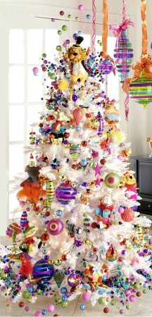 A colorful Christmas tree decorated with alternative ornaments.