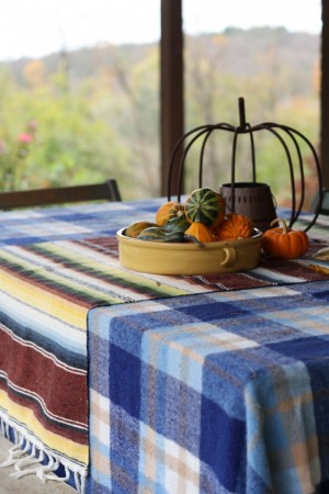 Use plaid blankets as tablecloths for a fall gathering 