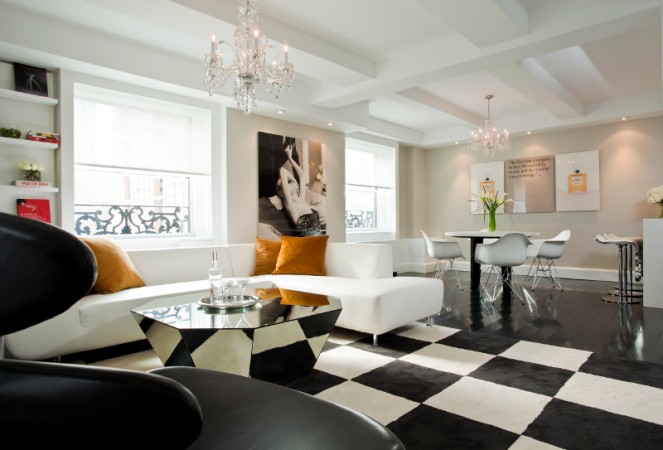 A checkered floor in an haute couture interior design.