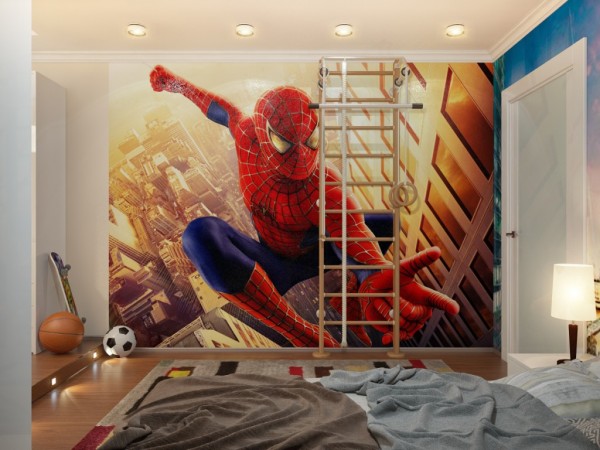 A kids room with a spider - man mural.