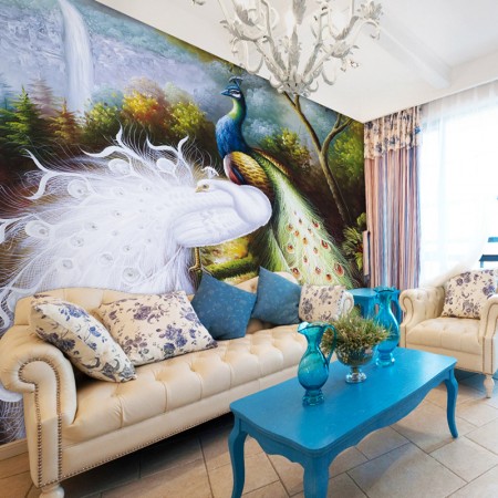 A living room showcasing the inspiring beauty of a peacock mural.
