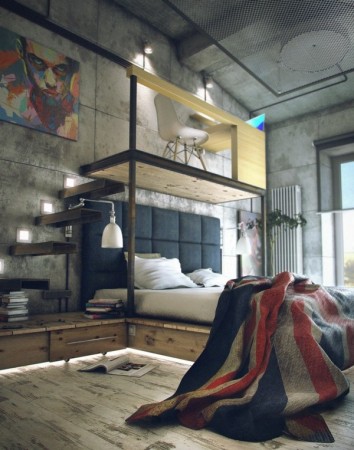 A loft bedroom with a masculine and industrial vibe, featuring a wooden floor.