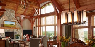 Lodge interior style is warm wood, cozy seating areas and vast views