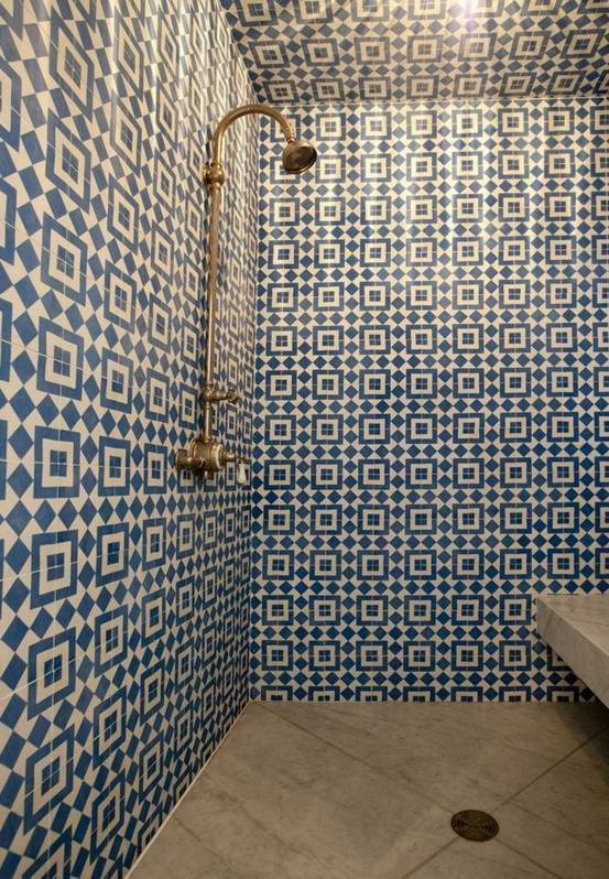 Keywords: Luxury, Walk-in Shower
Modified Description: Indulge in the Luxury of a Walk-in Shower with blue and white tiled walls.