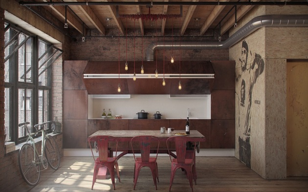 An industrial kitchen with a masculine touch and wooden furniture.