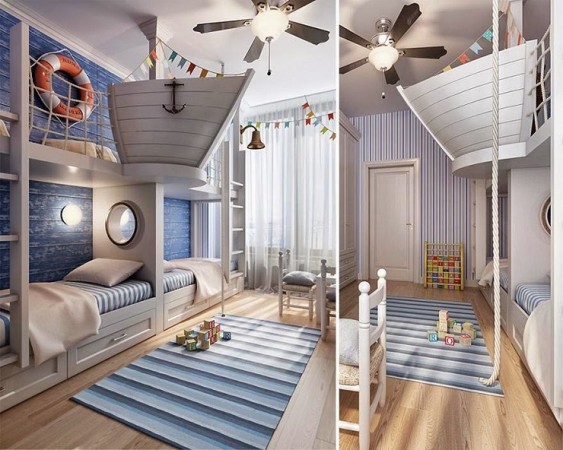 Two pictures of a kids' room with bunk beds and a ship.
