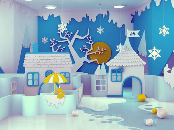 A blue and white playroom for kids with snowflakes.