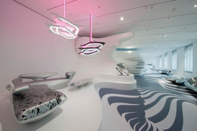 A futuristic room with a zebra print floor.