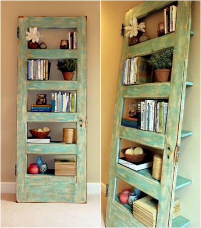 One of 11 great ideas for repurposed doors - a bookcase made from an old door.