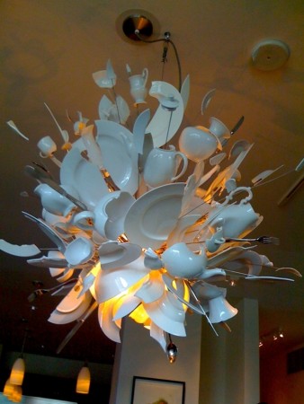 Smashed pottery repurposed into a unique light fixture