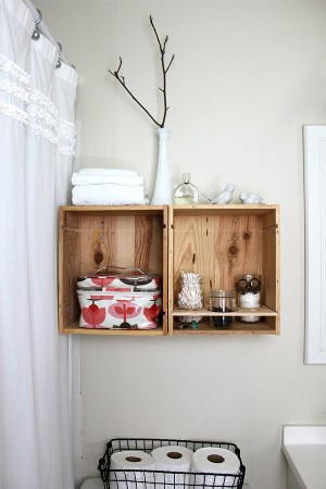 Bathroom shelves fashioned from repurposed wood crates