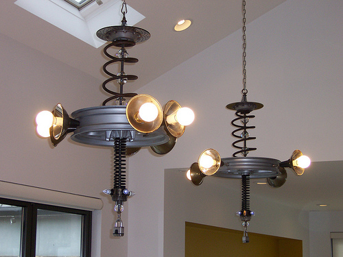 Springs and rims repurposed into light fixtures 
