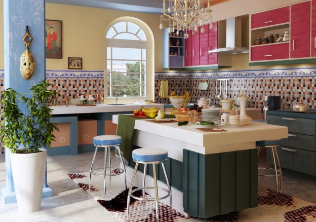 A colorful kitchen with beautiful cabinets.