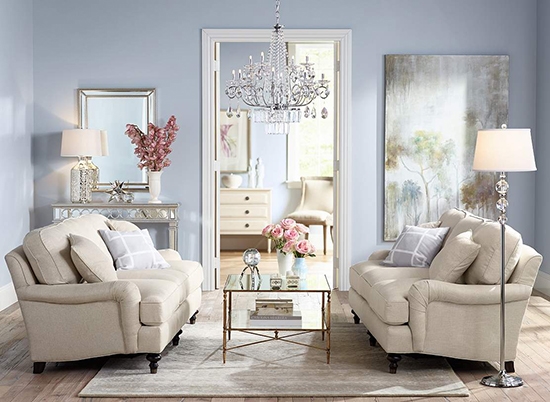 Luscious and serene living room in Serenity Blue with accents of Rose Quartz