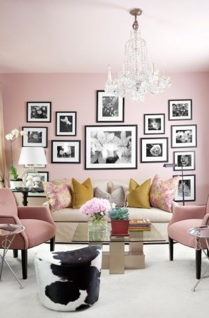 A living room with pink walls incorporating 2016's Colors of the Year for a modern interior design.