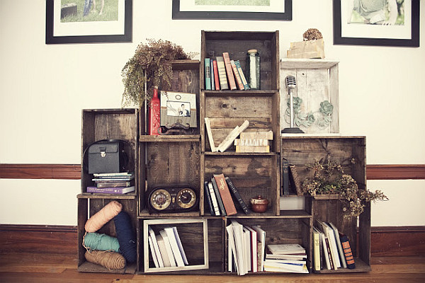 Shelving unit made from repurposed wood crates 