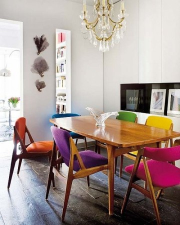 A bold and vibrant dining room with a wooden table and chairs.