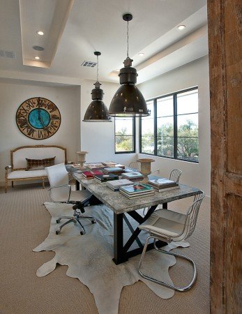 Stylish Home Office with a Cowhide Rug.