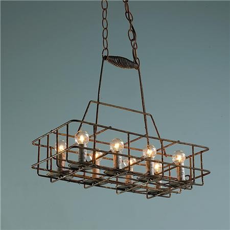 Repurposed light fixture with a basket of 22 unique lights hanging from it.