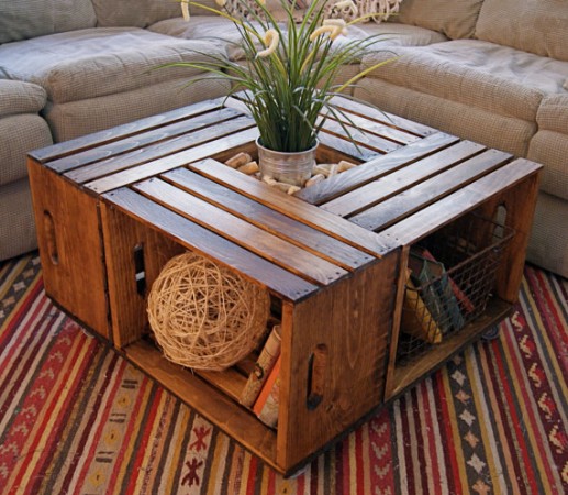 Stylish coffee table created from repurposed wood crates 