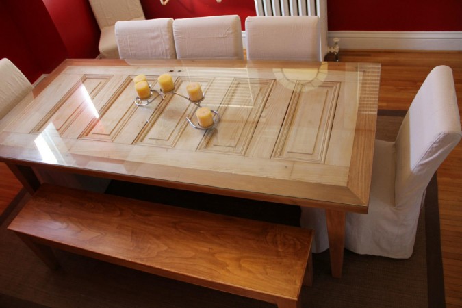 A repurposed wooden dining table.
