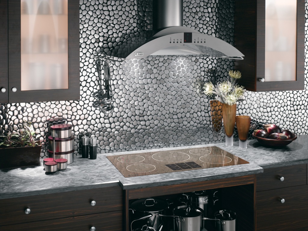 Distressed stone tile with gold leaf ornament accents (metallic ...