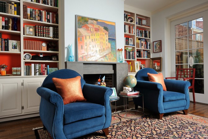 Built-in bookcases enhance this space