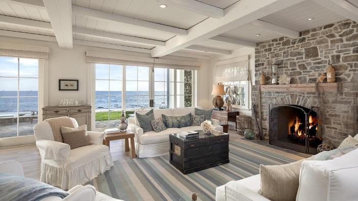 A living room with an ocean view.
