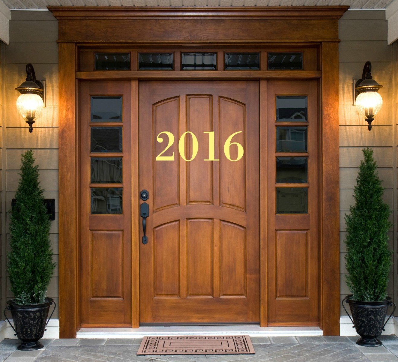 A wooden front door with the number 2016 on it, representing a New Year aesthetic.