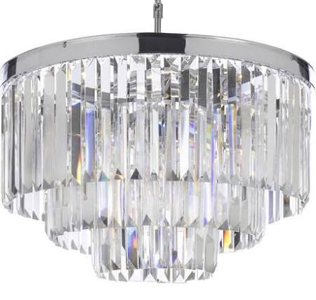 An affordable crystal chandelier with a modern chrome finish.