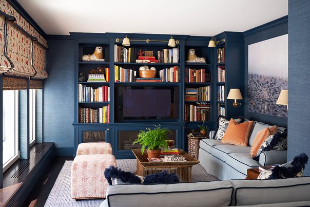 A living room featuring blue walls and bookshelves.