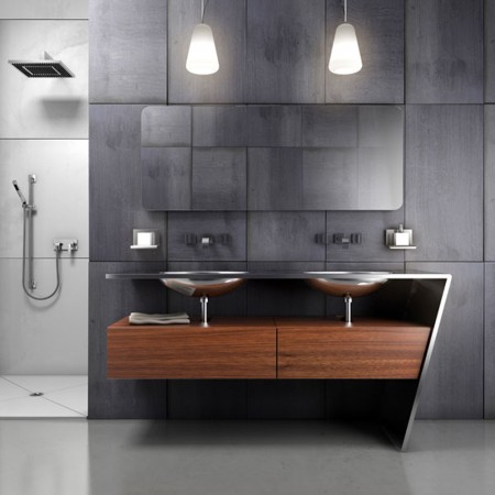 A modern bathroom with unique wooden sink and shower vanities to add character.