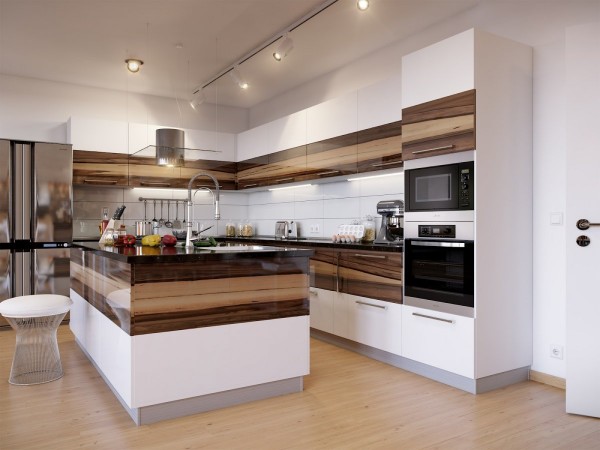 A modern kitchen featuring wooden cabinets with mixed finishes.