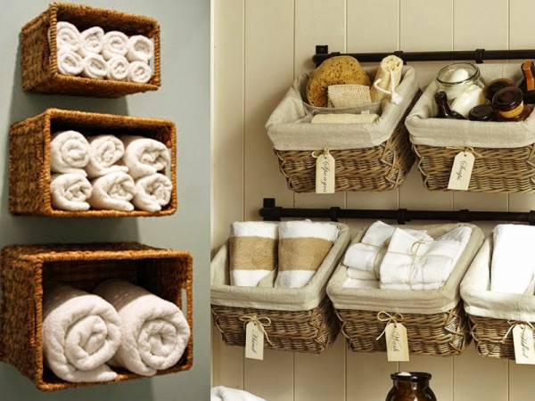 Towel storage with baskets in the bathroom