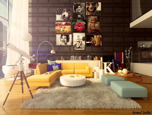 A Funky living room with a lot of pictures on the wall.