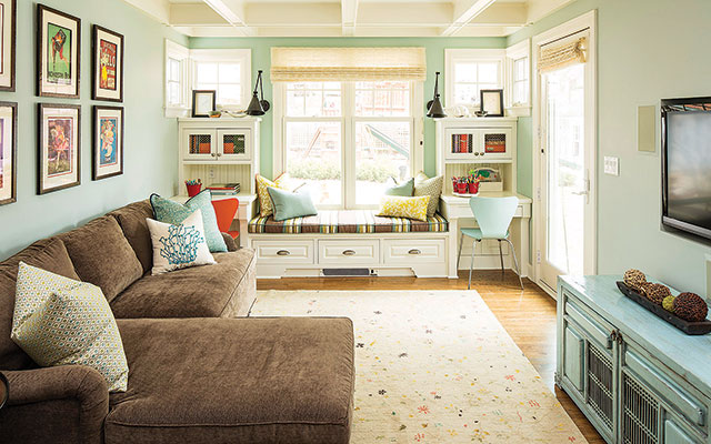 A window seat as part of built-ins provides extra storage and seating